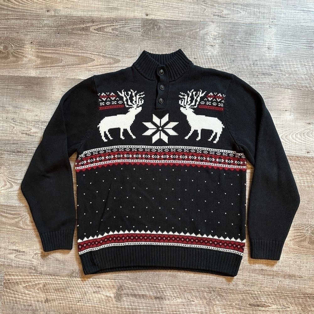 Chaps Sweater Mens Size L Black Snowflake Dear Pullover 1/4 Button Down